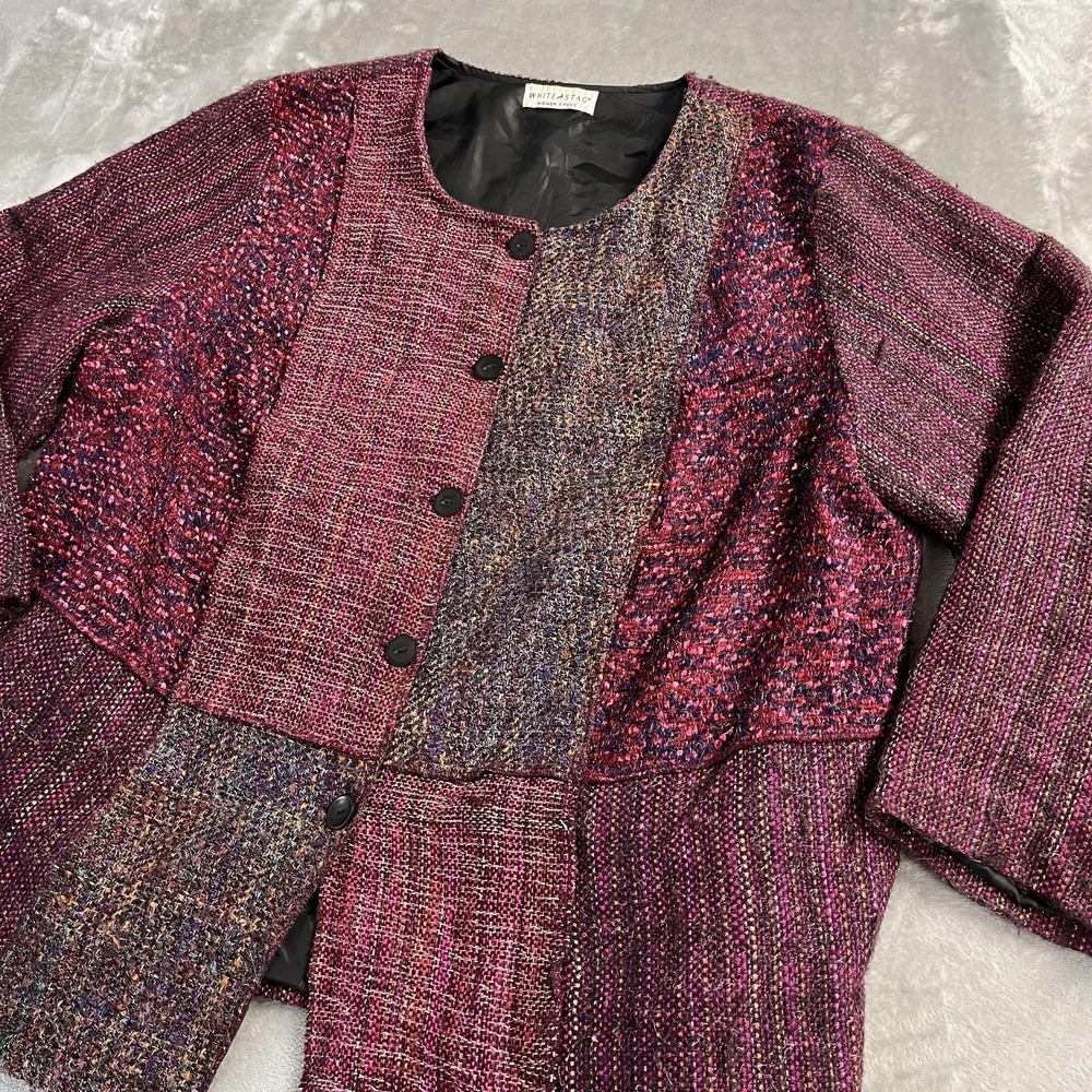 White Stag Jacket Size 3XL Purple Tweed Patchwork Button Front 3/4 Sleeve Artsy
